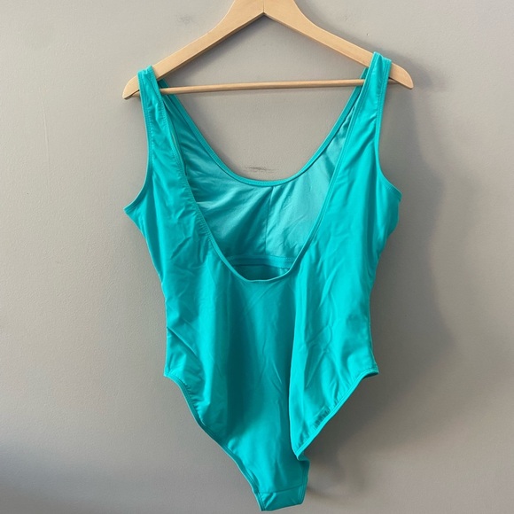 Women’s One Piece NWOT Teal Blue Green Humour “But First, Beach” Swim Suit - Picture 2 of 3